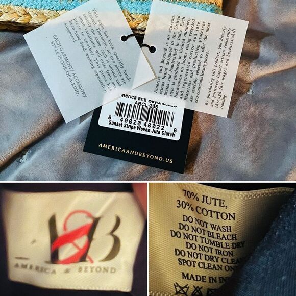 AMERICA & BEYOND Sunset Striped Staw Woven Jute Clutch Purse Tan Blue OS NWT - Picture 11 of 12